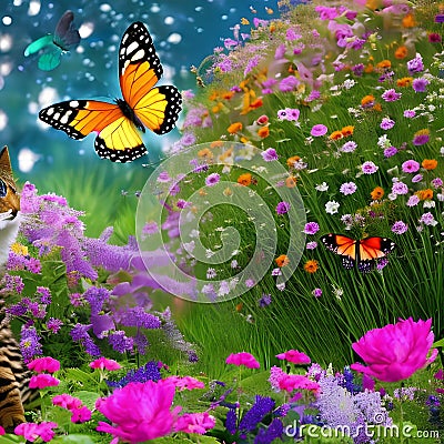 A whimsical butterfly with the body of a cat, fluttering among blooming flowers in a magical garden4, Generative AI Stock Photo