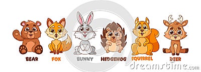 Whimsical Cartoon Forest Animal Characters. Cute Charming Bear, Fox, Hedgehog and Bunny, Squirrel or Deer Personage Vector Illustration