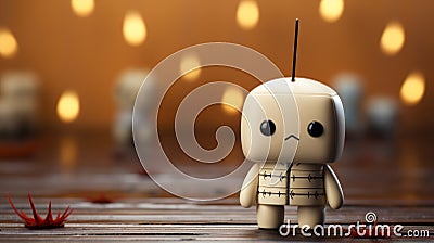 A whimsical cartoon toy sits atop a wooden table Stock Photo