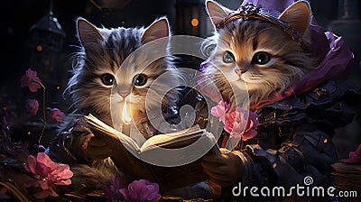 Whimsical Cats in Cozy Coats Lost in the Pages of a Candlelit Book AI Generated Cartoon Illustration