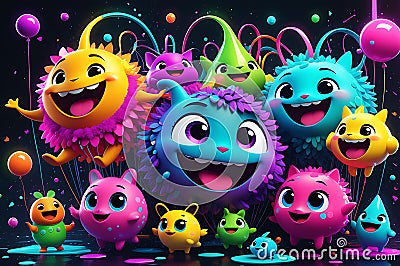 Whimsical Chaos: Generative AI Technology Conjures a Ensemble of Cute and Chaotic Characters Stock Photo