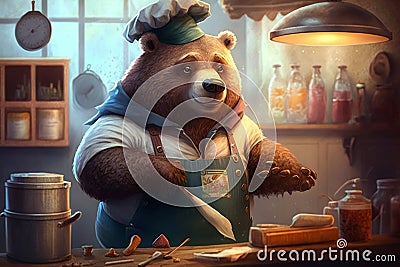 The Whimsical Chef A Colorful Bear in a Creative Kitchen Stock Photo