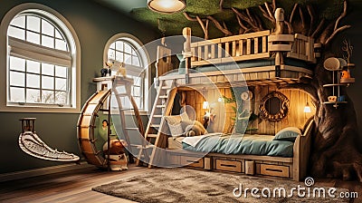 A whimsical children's bedroom with a treehouse bunk bed Stock Photo