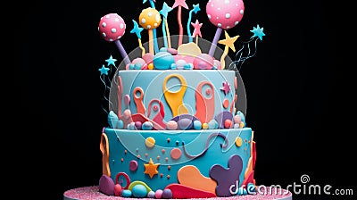 A whimsical children's birthday cake featuring colorful fondant shapes Stock Photo