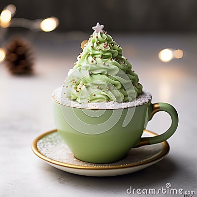 Whimsical Christmas Tree Hot Cocoa With Green Frosting Stock Photo