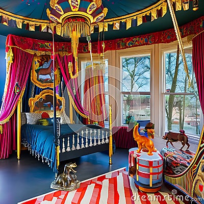 A whimsical circus-themed bedroom with a carousel bed, circus tent drapes, and circus animal wall murals4 Stock Photo