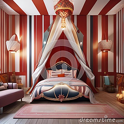 A whimsical circus-themed bedroom with striped walls, a circus tent bed canopy, and clown-inspired decor5 Stock Photo