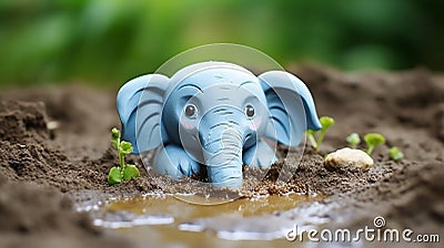 a whimsical clay elephant splashing happily in a tiny clay puddle Stock Photo