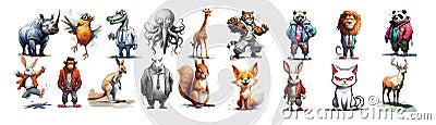 Whimsical Collection of Animated Animals: Winged Rhinoceros, Long-Legged Bird, Alligator in Suit, Octopus, Giraffe with Vector Illustration