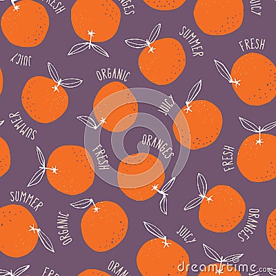 Whimsical colorful hand-drawn doodle oranges and words vector seamless pattern on dark background. Summer Fruits Vector Illustration