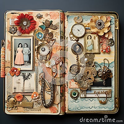 Whimsical and Colorful Scrapbook Overflowing with Treasured Memories Stock Photo
