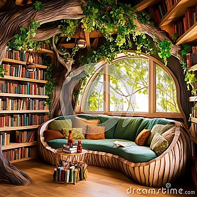 Whimsical and Cozy Library Design in a Treehouse Cartoon Illustration