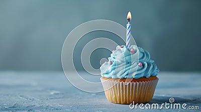 Whimsical cupcake with blue pastel frosting and a single candle, generative ai Stock Photo