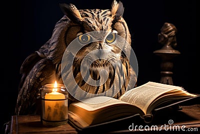 Whimsical Cute owl reading book sofa. Generate Ai Stock Photo