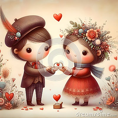 Whimsical cute wedding couple valentine illustration Cartoon Illustration