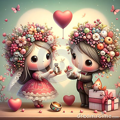 Whimsical cute wedding rings couple valentine illustration Cartoon Illustration