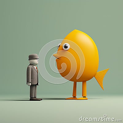 Whimsical 3d Orange Fish And Minimalist Man: A Surreal And Humorous Artwork Stock Photo