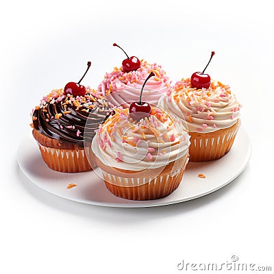 Whimsical Delights - Four Delectable Cupcakes with Red Cherries on a Gleaming White Plate - generative AI Stock Photo