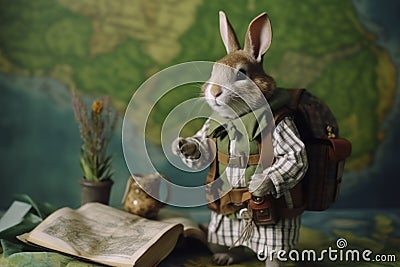 Adventurous Rabbit Cartographer with World Map Stock Photo