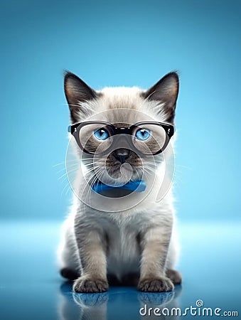 Portrait of a cute Siamese cat wearing glasses and bow tie. Blue background. Stock Photo