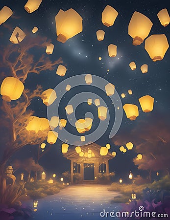 whimsical and dreamy scene with floating lanterns and a starry sky Stock Photo