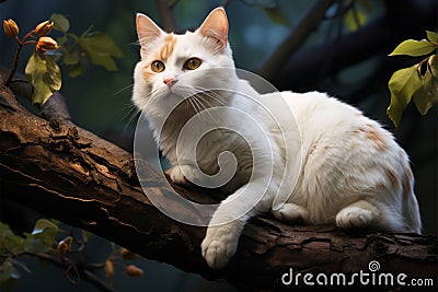 Whimsical elegance a white cat perches on a tree branch, exuding charm Stock Photo