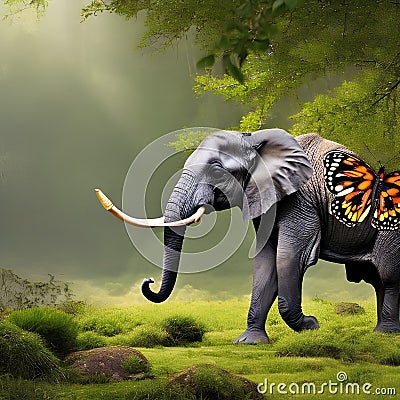 A whimsical elephant with butterfly wings, gracefully trumpeting a melody in an enchanted forest5, Generative AI Stock Photo