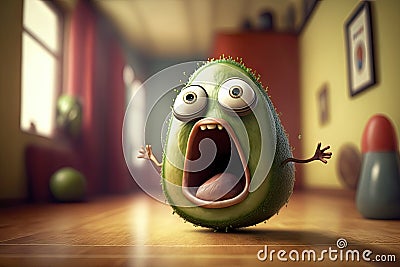 Cute funny green cartoon avocado character with eyes and mouth Stock Photo