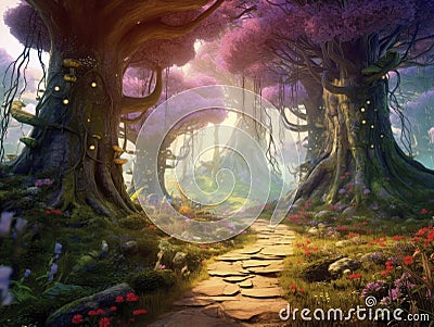 whimsical fairytale forest generate by AI Stock Photo