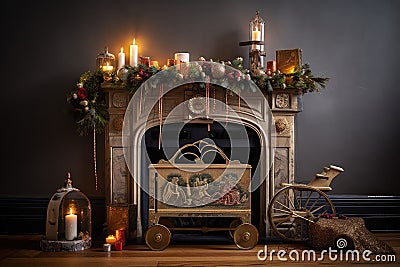 a whimsical fireplace with elaborate ornaments, candles, and a miniature sleigh Stock Photo