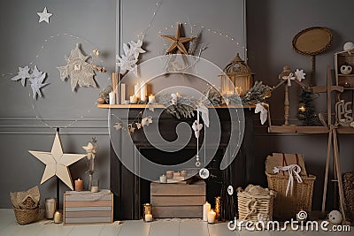 a whimsical fireplace with fairy lights, twinkling stars, and miniature gifts Stock Photo