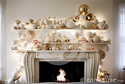 a whimsical fireplace, with oversized ornamenrts and lights, and an unexpected twist of humour Stock Photo