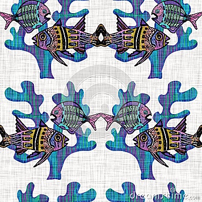 Whimsical fish riso print seamless pattern. Colorful cute under the sea swimming tropical fishes. Childish riso screen Cartoon Illustration