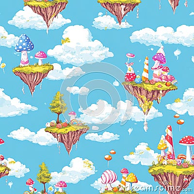 A whimsical floating island pattern where every island is a different world Stock Photo