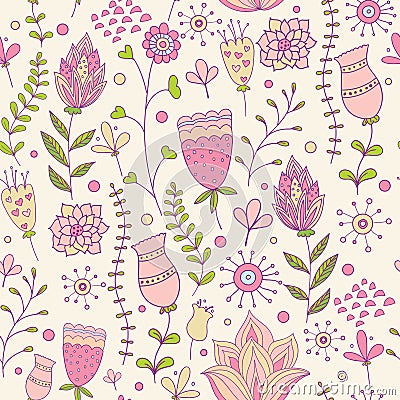 Whimsical Flowers Seamless Pattern. Vector Illustration