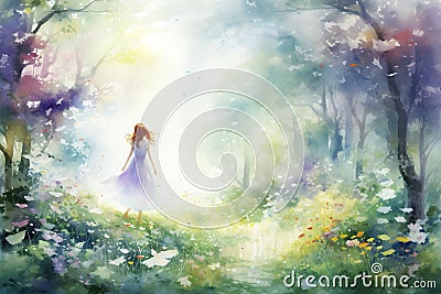 Whimsical Forest Dreams: Watercolor Enchantment Stock Photo