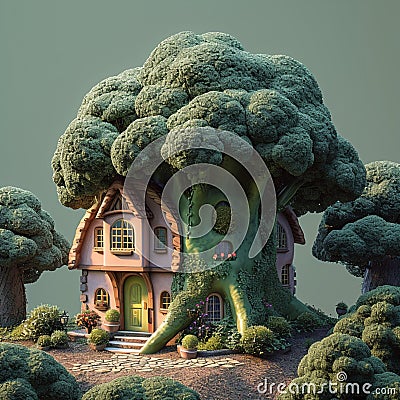 Whimsical forest dwelling, broccoli house, cartoon illustration in natural setting Cartoon Illustration