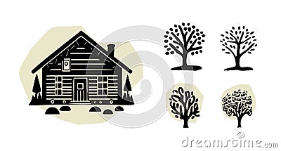 Whimsical forest tree with building design collection vector organic style with colored blob. Woodland cottage for Vector Illustration