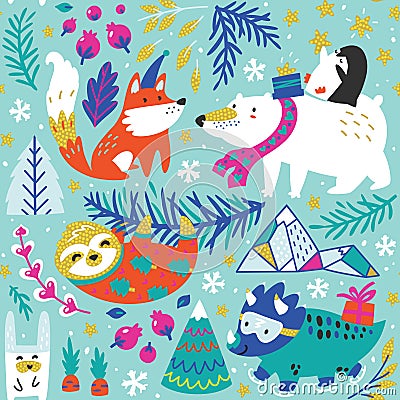 Whimsical forest with winter animals seamless pattern. Vector illustration Vector Illustration