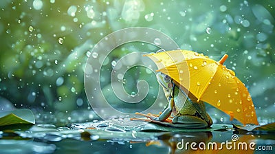 A whimsical frog sits under a bright yellow umbrella, surrounded by raindrops and lush greenery in a serene pond setting Stock Photo