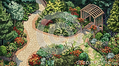 A whimsical garden blueprint with winding paths hidden nooks and a charming trellis entrance. Stock Photo