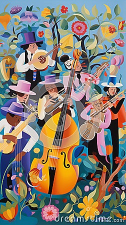 Whimsical Garden Symphony: Colorful Cartoon Characters Playing Musical Instruments in a Carnival Setting Stock Photo