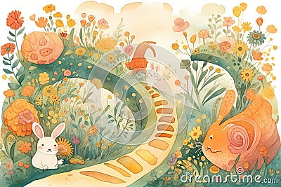 A whimsical garden with a winding path, playful bunnies, buzzing bees, and blooming flowers cartoon style playful mood Stock Photo