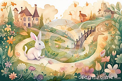 A whimsical garden with a winding path, playful bunnies, buzzing bees, and blooming flowers cartoon style playful mood Stock Photo