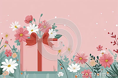 Whimsical Gift Box Amidst Blossoms on Pink Background Stock Photo