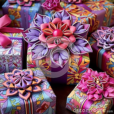 Whimsical Gift Wrapping Showcase: Colorful and Creative Gift Packaging Stock Photo