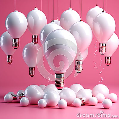 Whimsical Glow: Minimal Conceptual Idea of Light Bulb and Floating Balloon Around White Bulbs on Pink Background Stock Photo