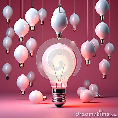 Whimsical Glow: Minimal Conceptual Idea of Light Bulb and Floating Balloon Around White Bulbs on Pink Background Stock Photo