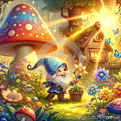 Whimsical Gnome Gardener in a Magical Storybook Setting. Ai generated Stock Photo