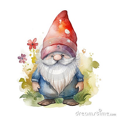 Whimsical Gnome Illustration on Pastel Watercolor Background for Invitations and Scrapbooking. Stock Photo